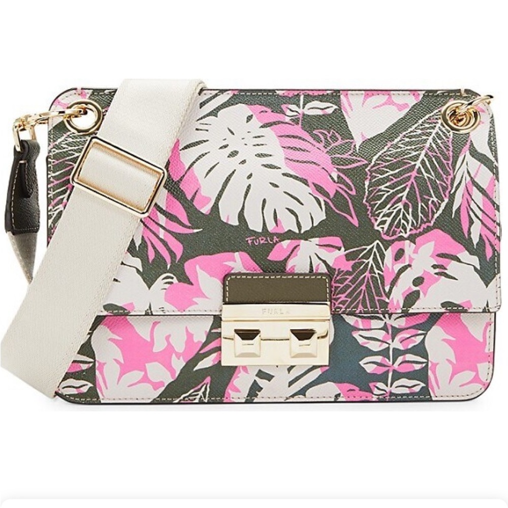 NWT FURLA TROPICAL FLORAL LEATHER CROSSBODY - TONI FUXIA - MEDIUM